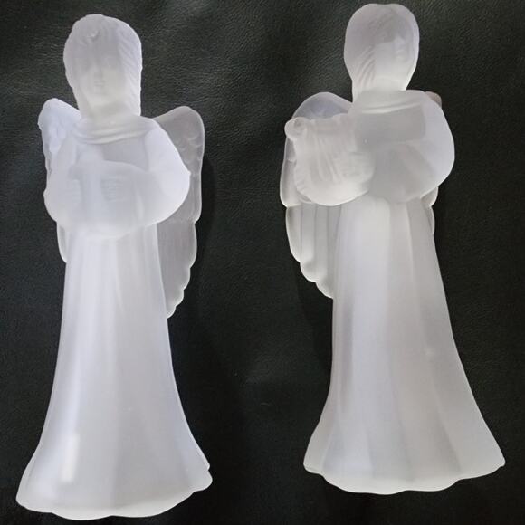 Set of 2 Frosted Christmas Angels Playing Harp Caroling Book Tea Light Decor - Picture 1 of 8